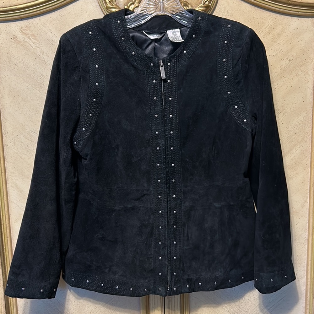 Laura Ashley Black Suede Leather Silver Stud Zip Front Jacket